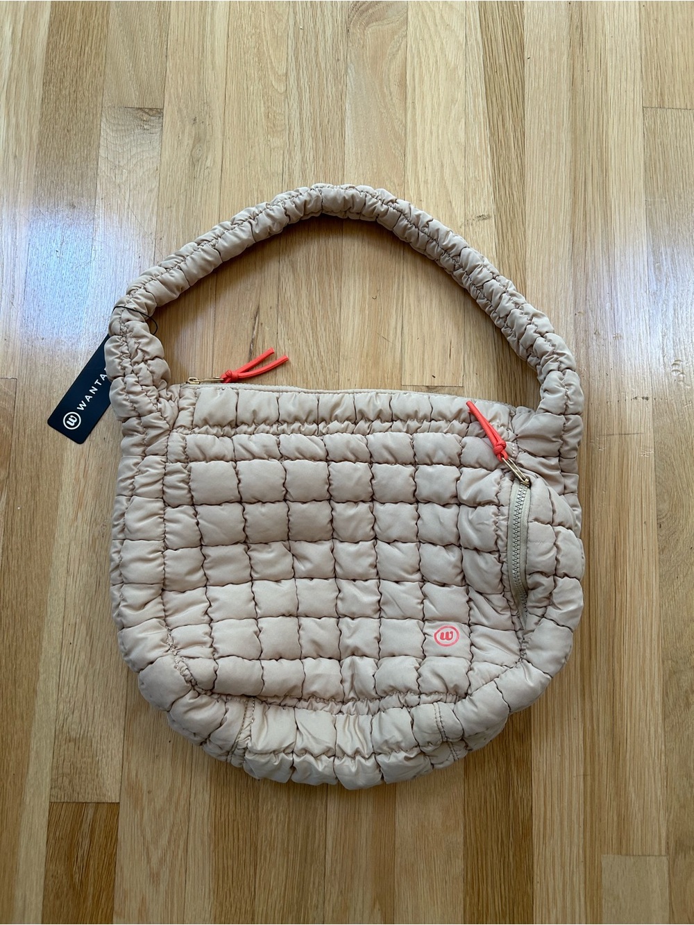 WANTABLE Quilted Puffer Slouch Tote Bag NWT Off White Pink Cord Pulls